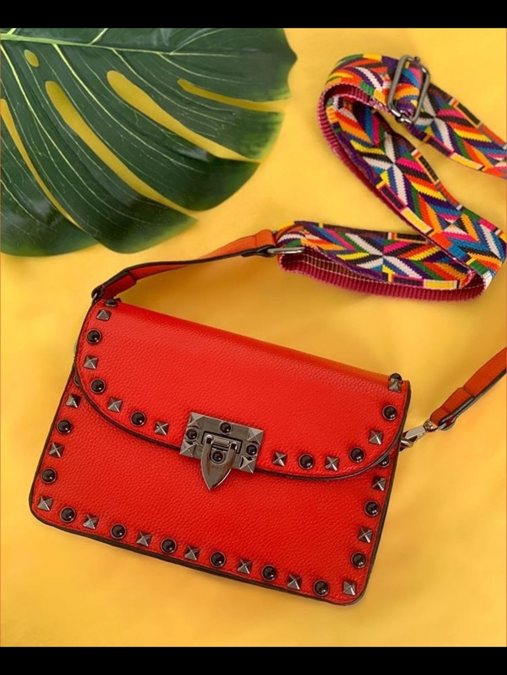 MERSI Red Studded Crossbody Bag with Colorful Woven Strap - Women Bags